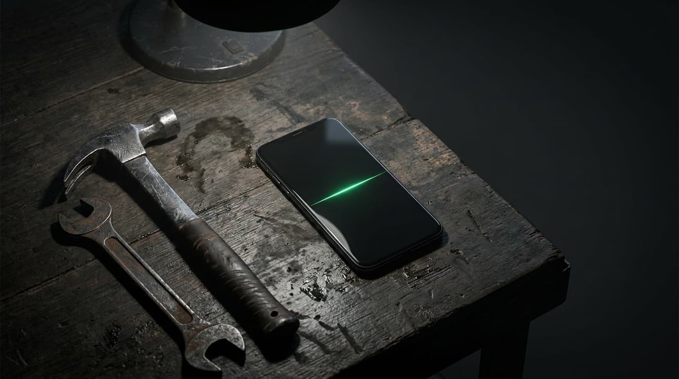 Charcoal-mood composition: trade tools meet tech