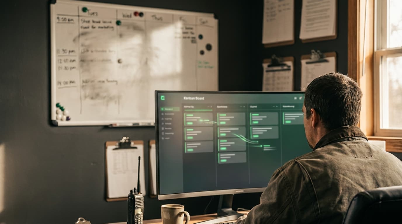 CRM pipeline view stylized over dispatch board