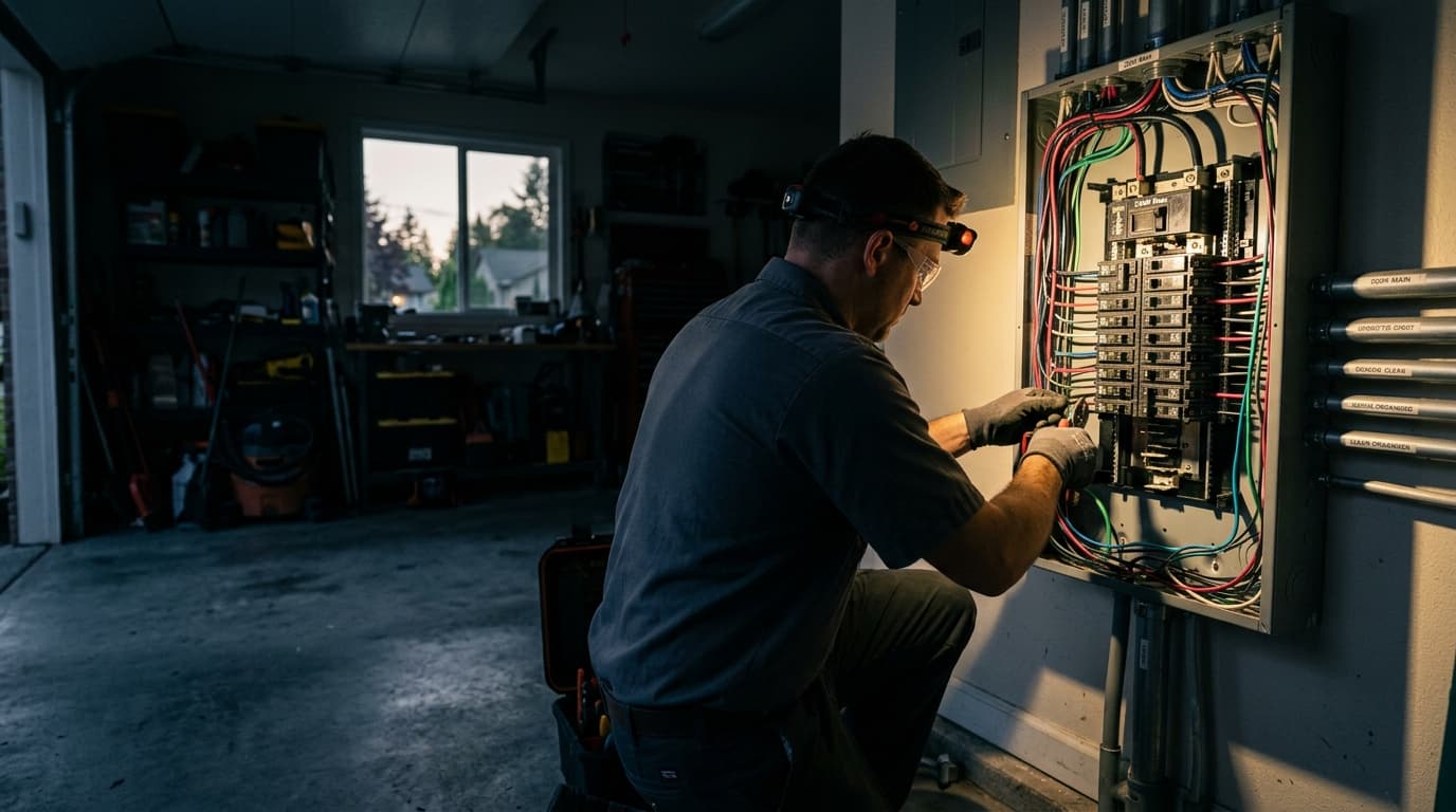 Electrician working inside an open residential 200-amp panel