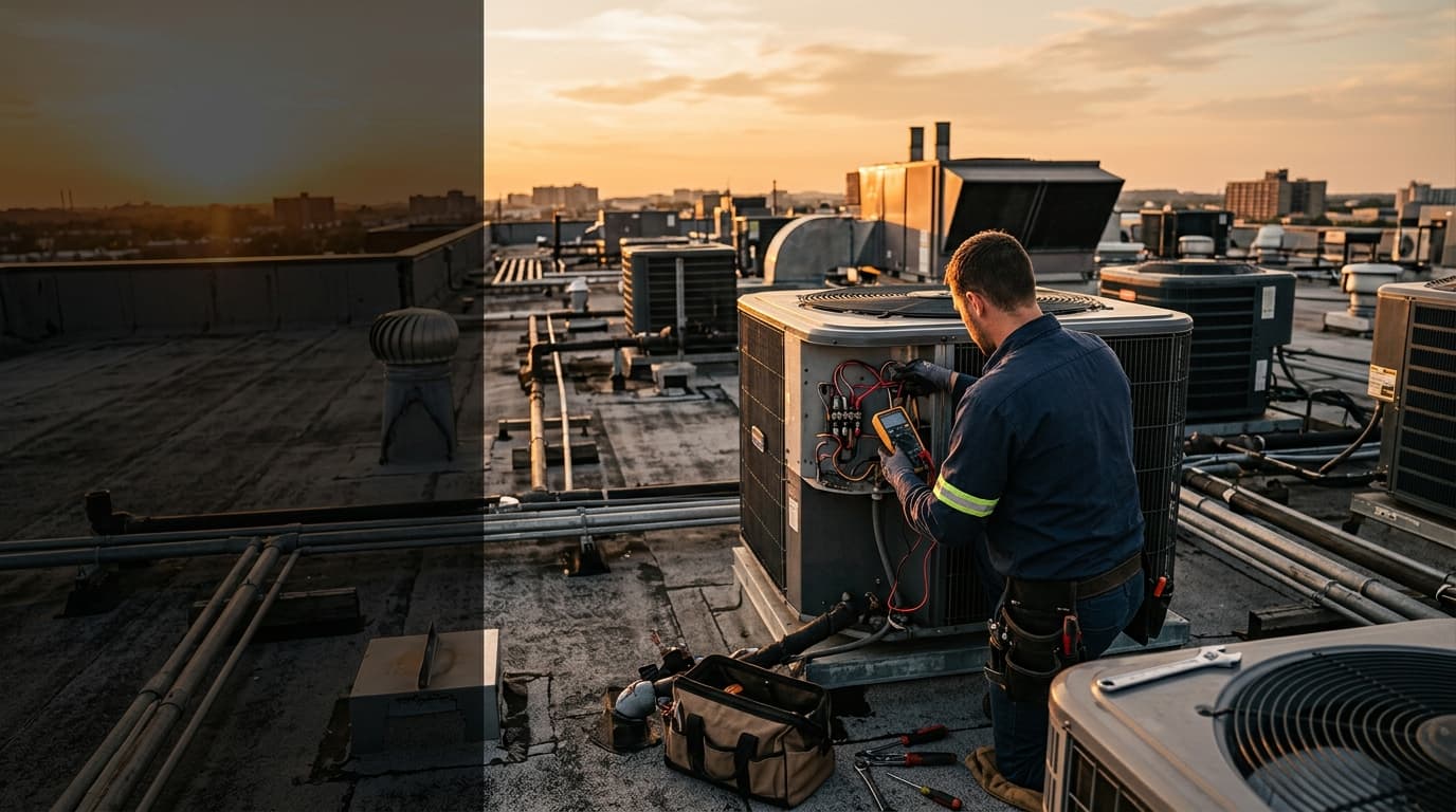 HVAC technician using a multimeter on a rooftop condenser at dusk