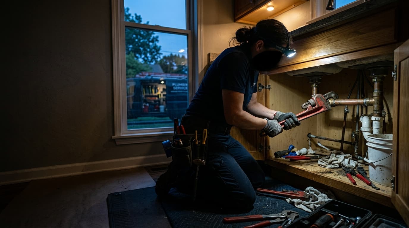 Plumber inspecting copper pipes under a kitchen sink at dusk