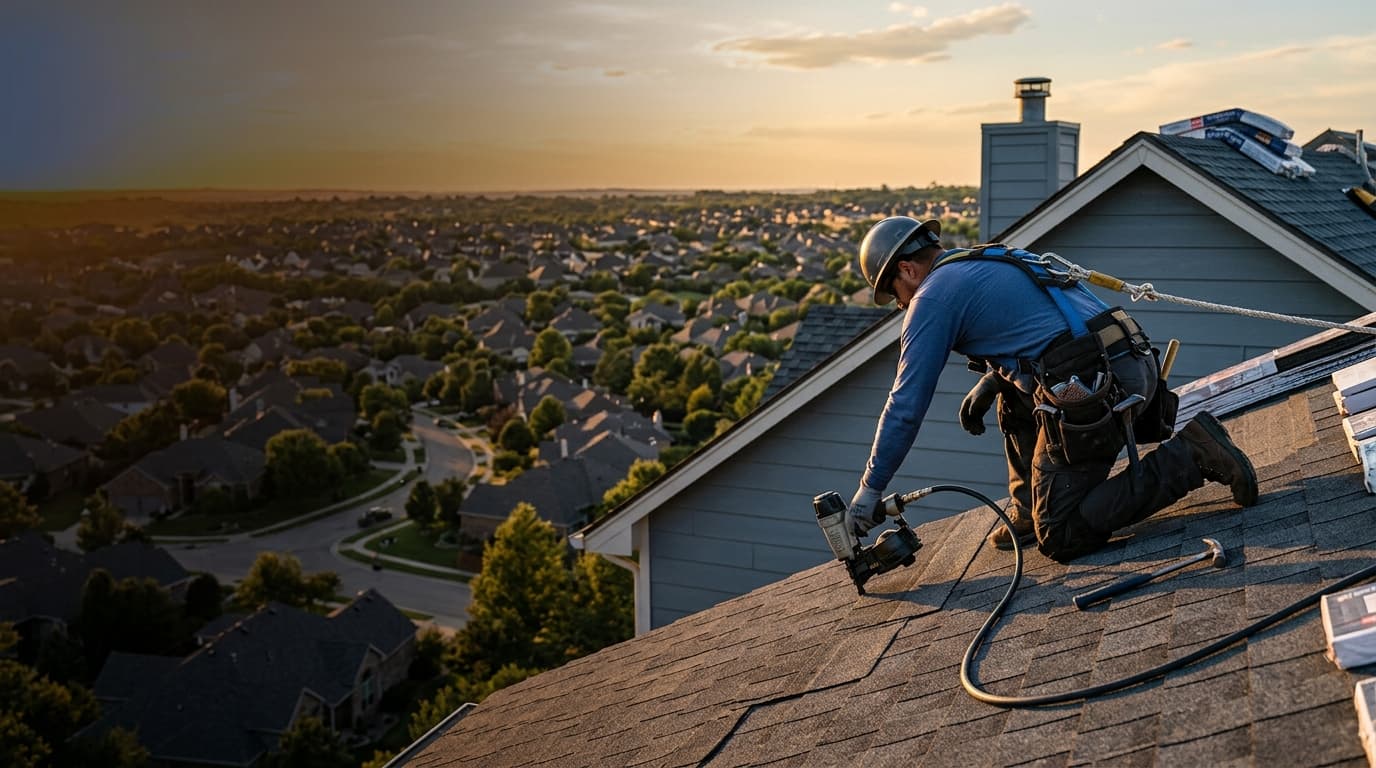 Roofer installing asphalt shingles on a residential roof at sunset